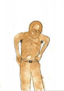 Mann zieht Hose an, 2000, Mischtechnik, ca 21 x 15 cm - Wolfgang Stiller